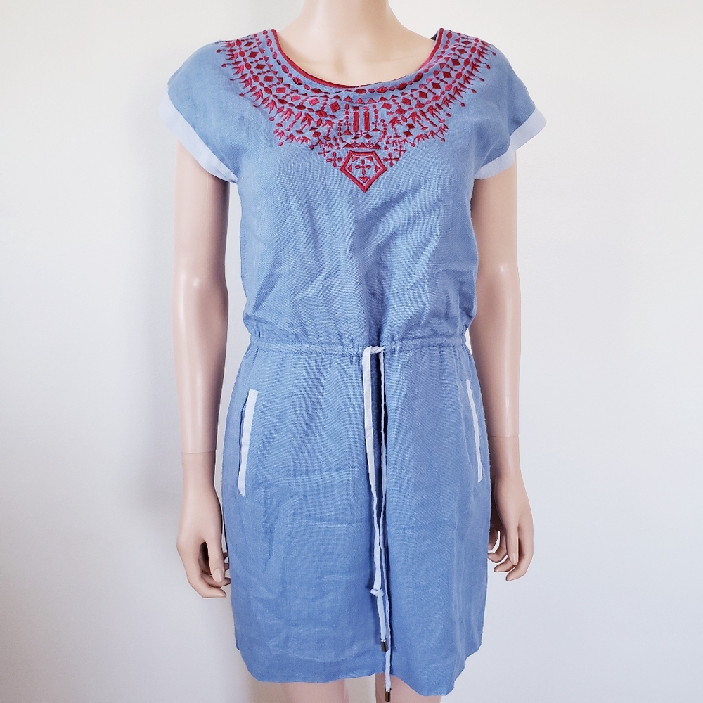 Greylin Dress Blue Embroidered Tie Waist Small Boho Anthropologie Pockets